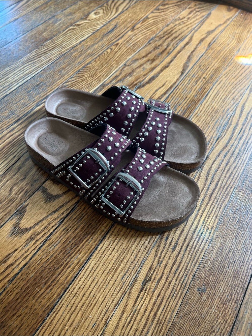 Time and Tru Burgundy Studded Double Buckle Slide Sandals